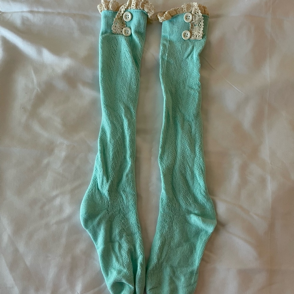 Boot Socks with Lace Ruffle and Buttons. Teal, One Size.